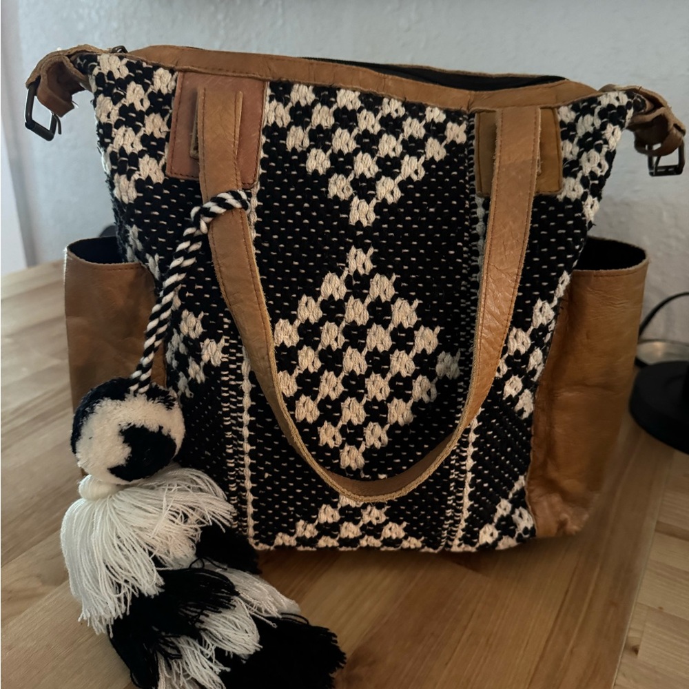 Boho Black & Cream Woven Tote with Tan Leather Trim